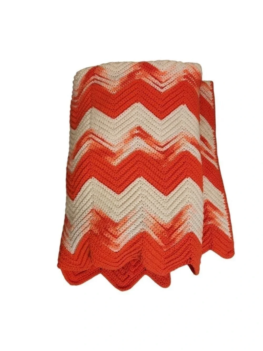Vtg 70s XL Crochet Ripple Afghan Blanket 55x88 Bright Pink White Chevron Retro